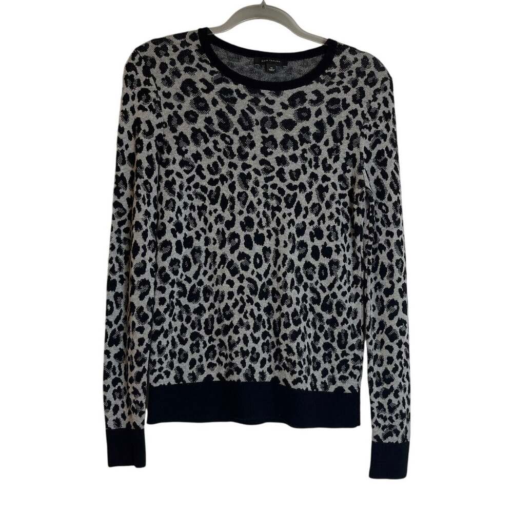 Ann Taylor Leopard Print Pullover Sweater Sz M Gray Black Wool Blend Classic